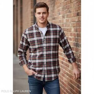 Ralph Lauren Men L Plaid Flannel Shirt Classic Fit Red Green Tartan Long Sleeve